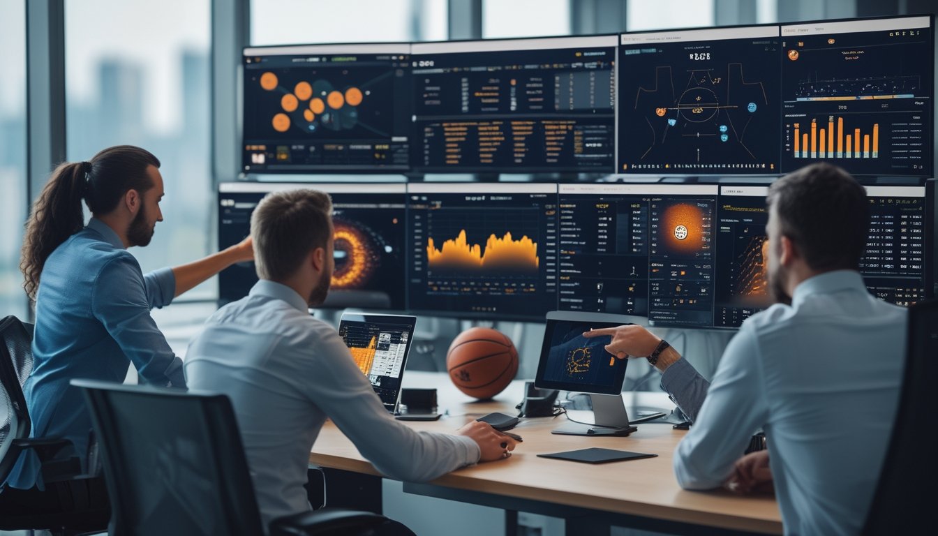 Beberapa profesional sedang menganalisis data dan grafik terkait taruhan NBA di sebuah kantor modern dengan beberapa layar komputer.