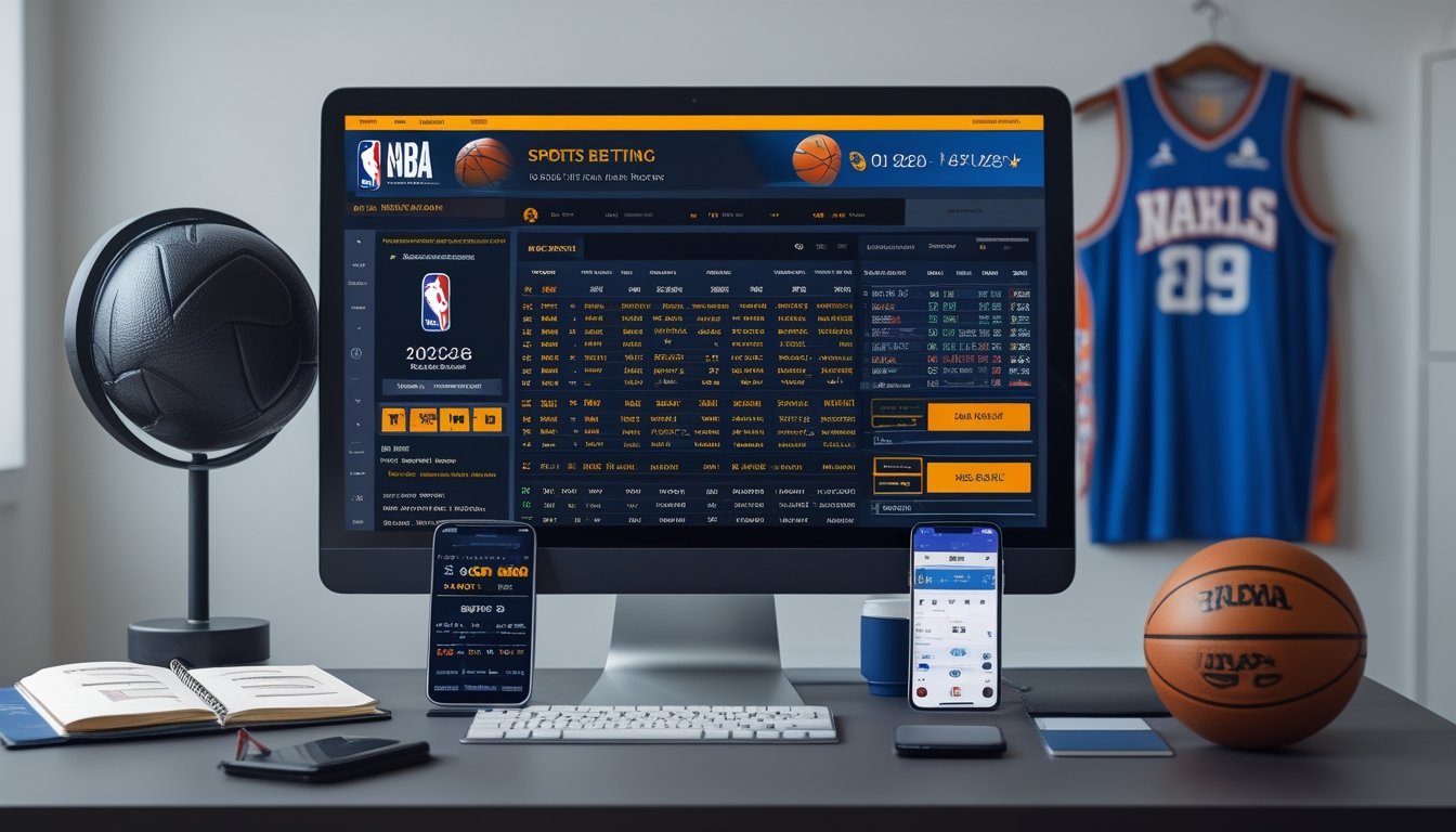 Sebuah meja kerja modern dengan komputer dan ponsel yang menampilkan statistik dan peluang taruhan NBA, serta aksesori bertema bola basket di sekitarnya.