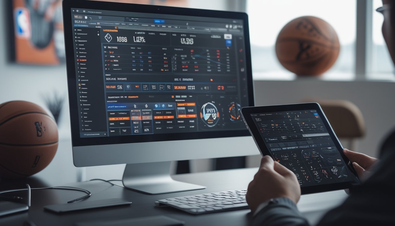 Seorang individu sedang menganalisis statistik dan peluang taruhan NBA di meja kerja dengan komputer dan perangkat digital.