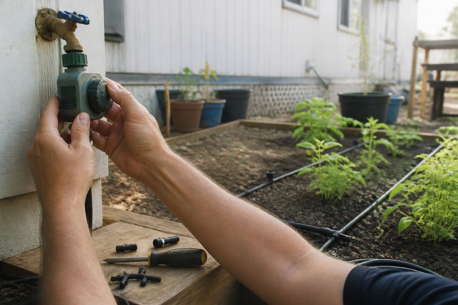 Hands adjusting a drip irrigation timer in a small garden with tools and tubing nearby.