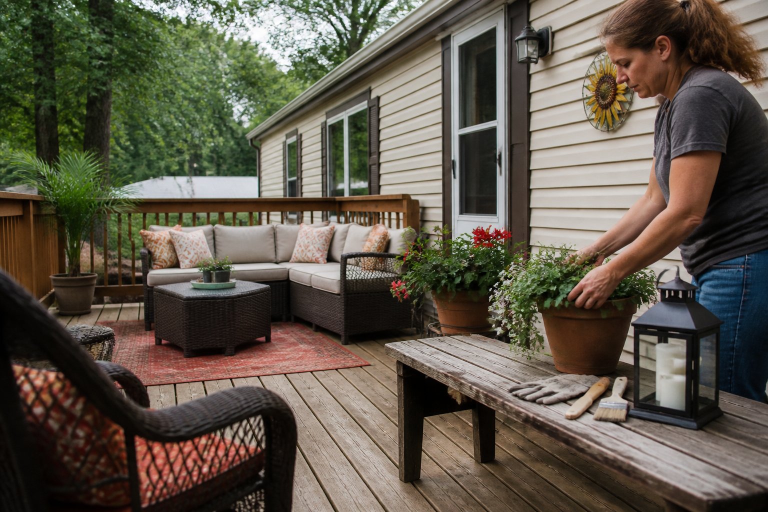 A wooden deck attached to a mobile home with gardening tools and hands arranging plants, bathed in soft daylight with natural shadows.