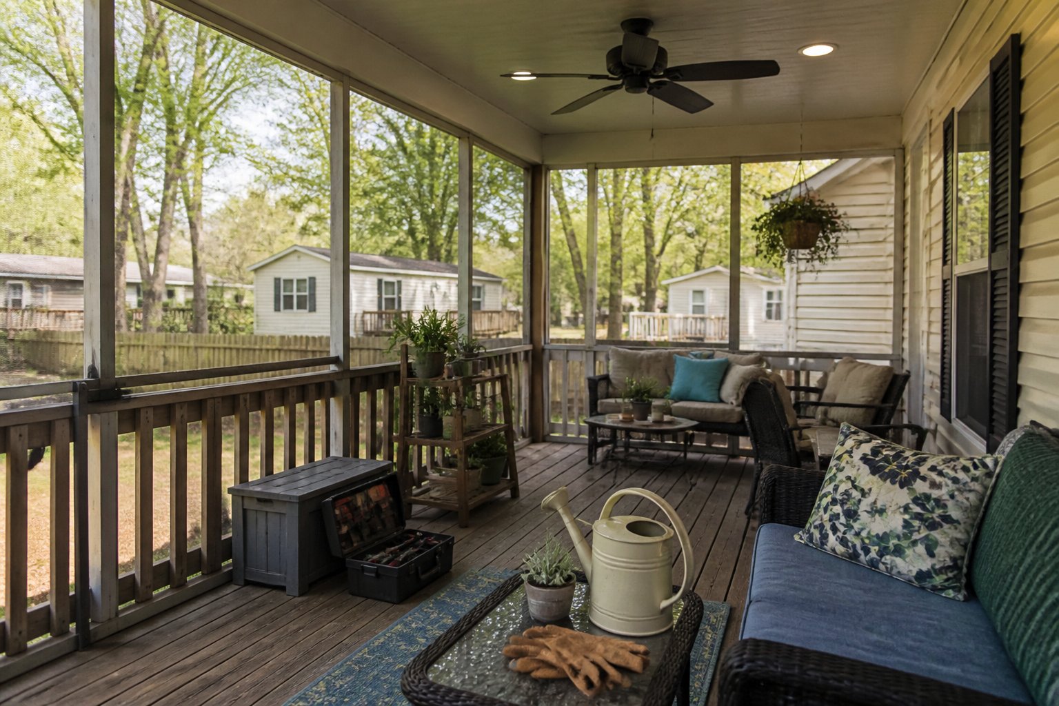 Screened porch with ceiling fan and recessed lighting showing a mobile home deck with outdoor furniture, gardening tools, and natural daylight.