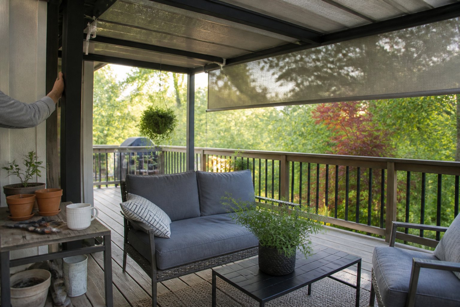 A covered deck with a metal pergola and retractable shade, showing weathered wood flooring, outdoor furniture, and a pair of hands adjusting the shade mechanism in soft daylight.