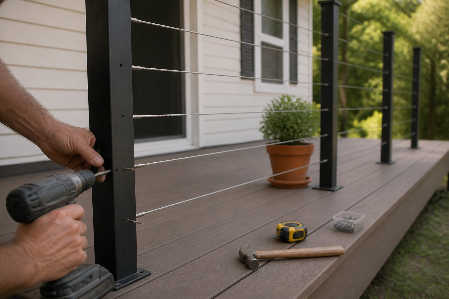 A mobile home deck with composite decking and cable rail system, showing hands holding a drill and tools resting on the deck in natural daylight.