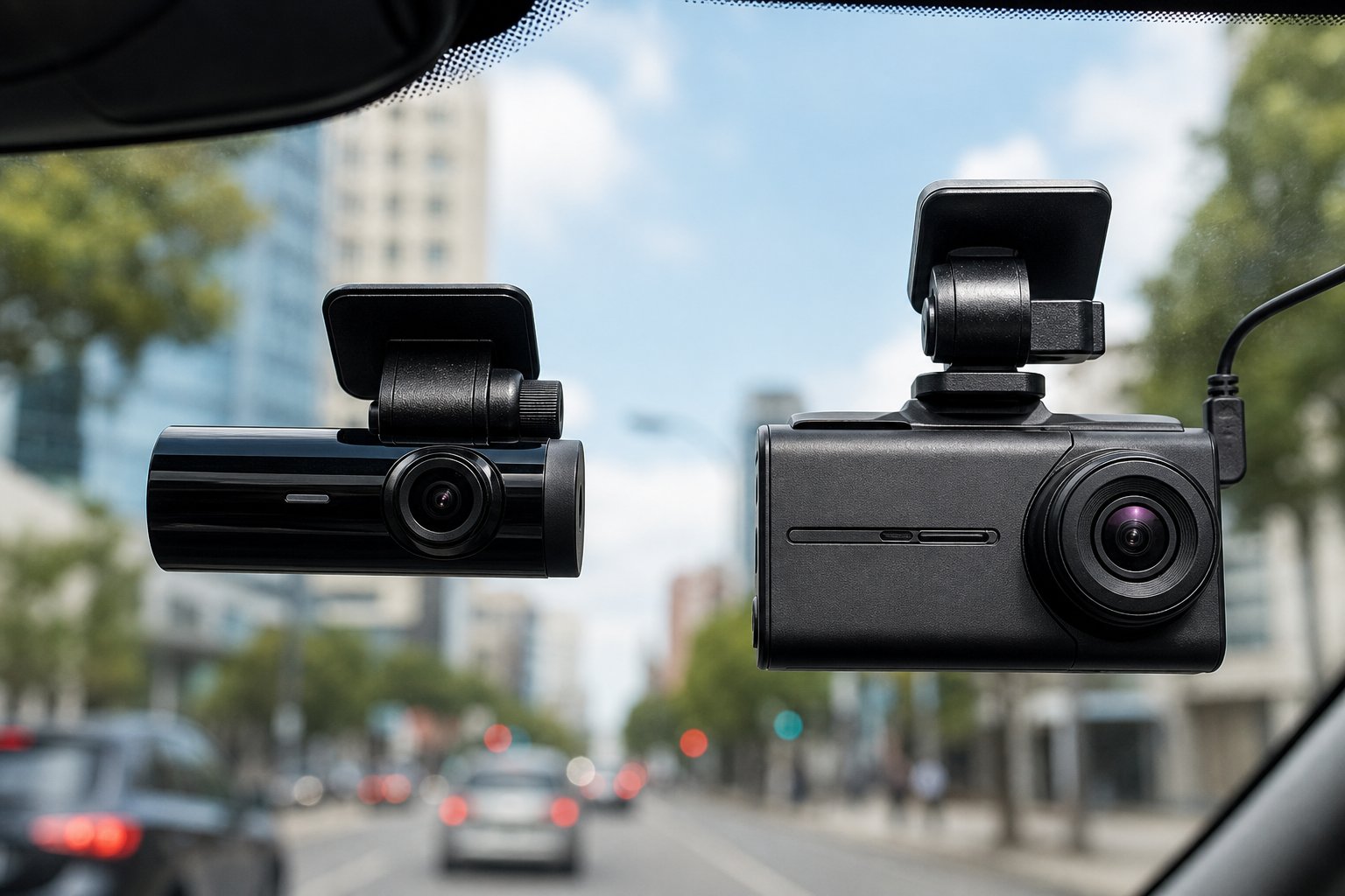 BlackVue Dash Cams vs Thinkware Dash Cams 4 Two different dash cams mounted side by side on a car windshield with a city street visible through the glass.
