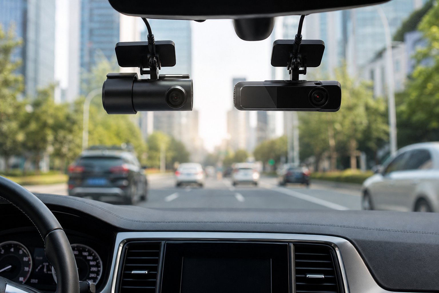 BlackVue Dash Cams vs Thinkware Dash Cams 6 Two dash cameras mounted side by side on a car windshield showing a clear view of a city road ahead during daylight.