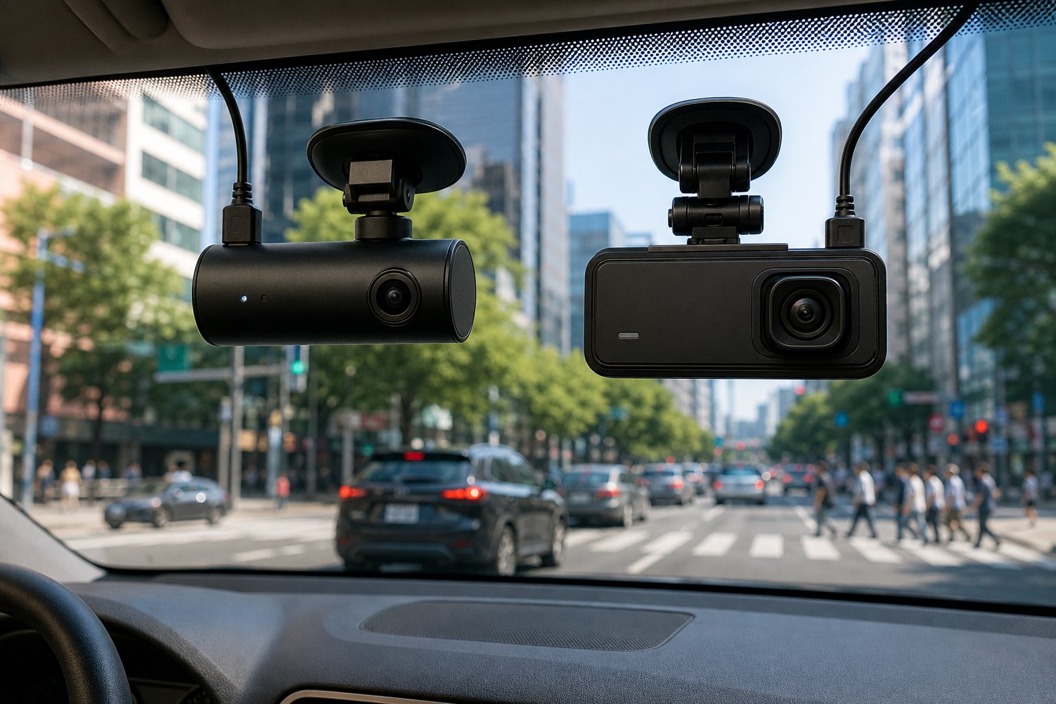 BlackVue Dash Cams vs Thinkware Dash Cams 8 Two different dash cams mounted on a car windshield showing a clear view of a busy city street outside.