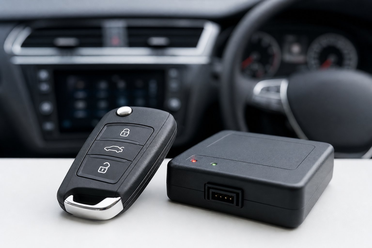 Close-up of a car key fob and an immobiliser device on a surface with a blurred car dashboard in the background.