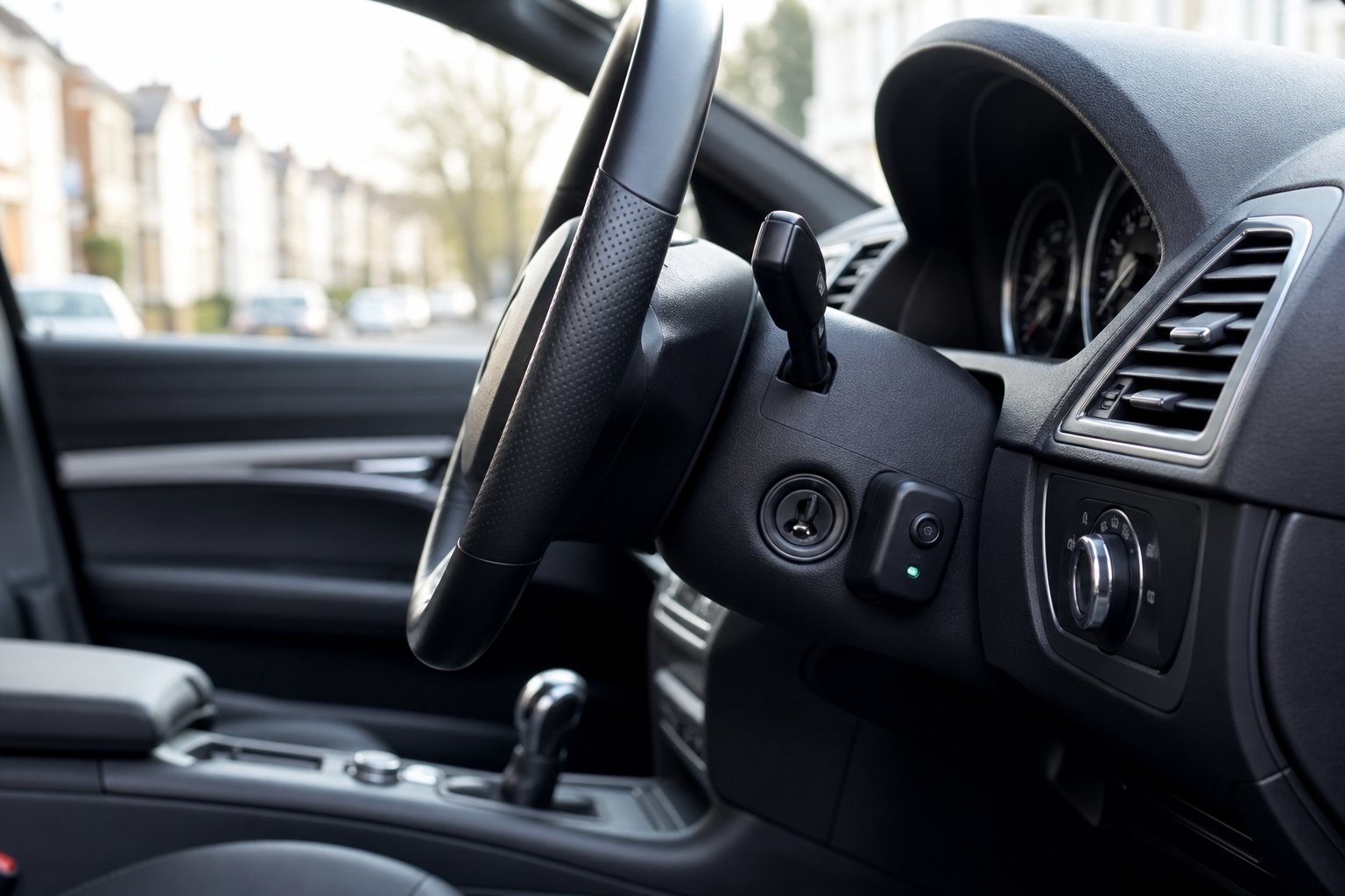 Close-up view of a car's interior showing the dashboard and steering column with a security device installed, with a blurred UK street visible through the windows.
