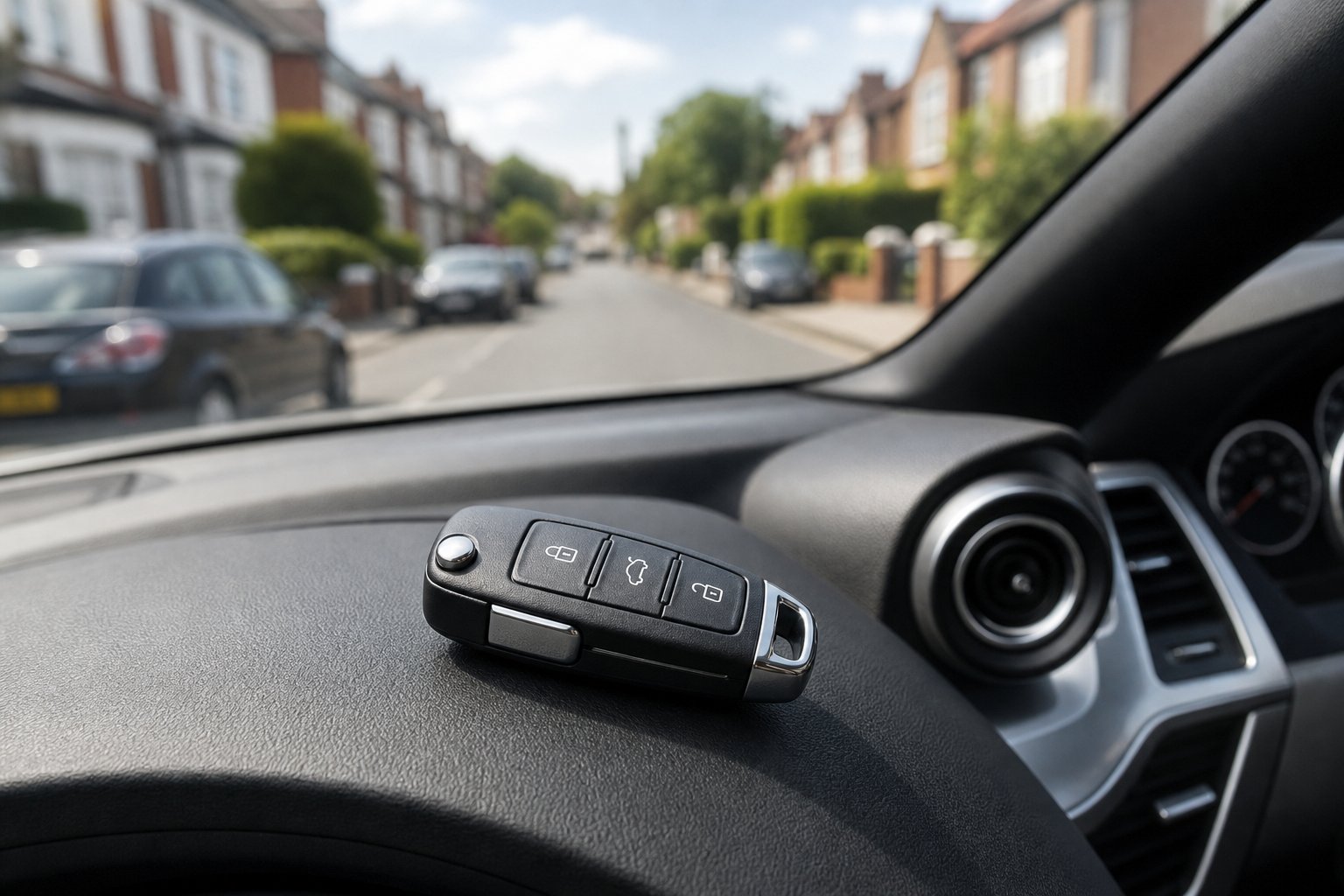 A modern UK car key fob resting on a car dashboard with a blurred suburban street in the background.