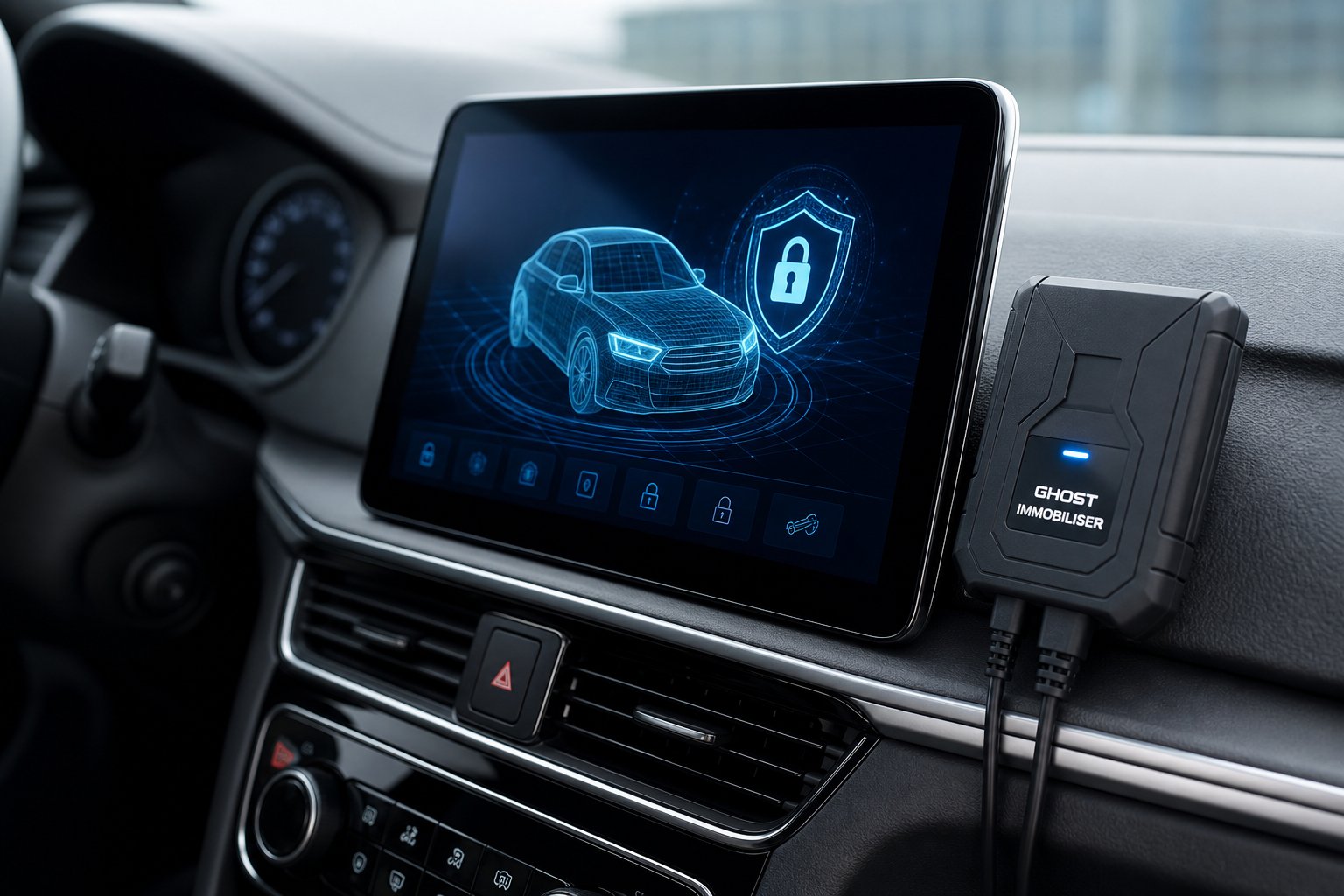 Close-up of a car dashboard showing a digital touchscreen and a compact vehicle immobiliser device inside a car.