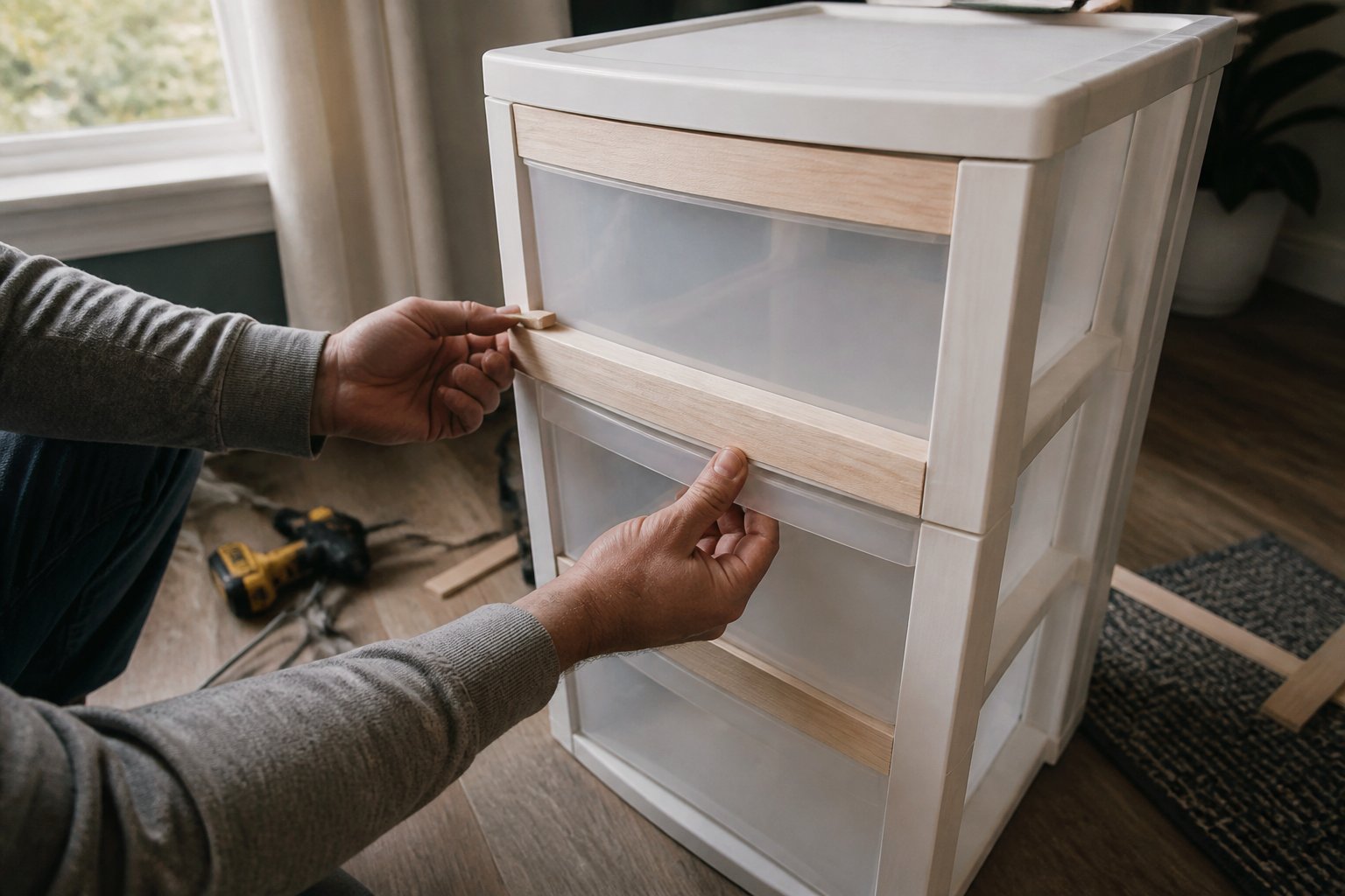 Hands attaching wooden trim strips to plastic drawers on a work surface with tools nearby, lit by soft daylight.