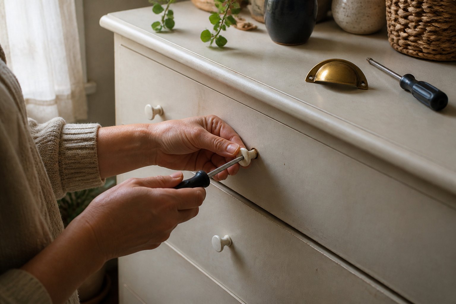 Hands replacing plastic knobs with brass cup pulls on plastic drawers with tools nearby.