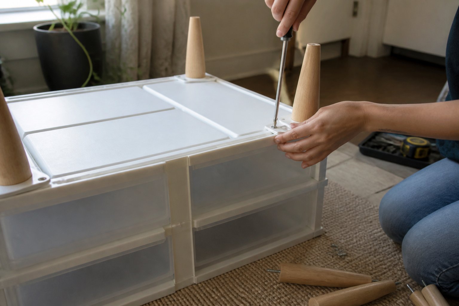 A person installing tapered wooden legs onto a plastic drawer unit to turn it into a dresser, with tools and hands visible on a work surface.