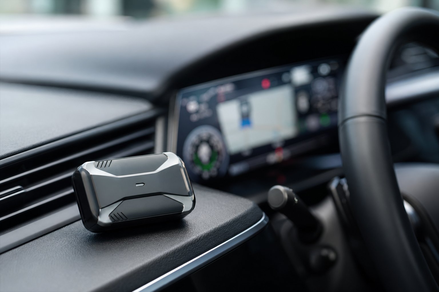 A compact car tracker device placed on a car dashboard inside a modern vehicle.