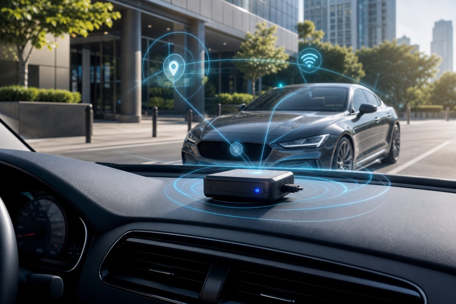A modern car parked in a secure urban area with a high-tech tracking device visible inside, surrounded by digital graphics representing GPS and security features.