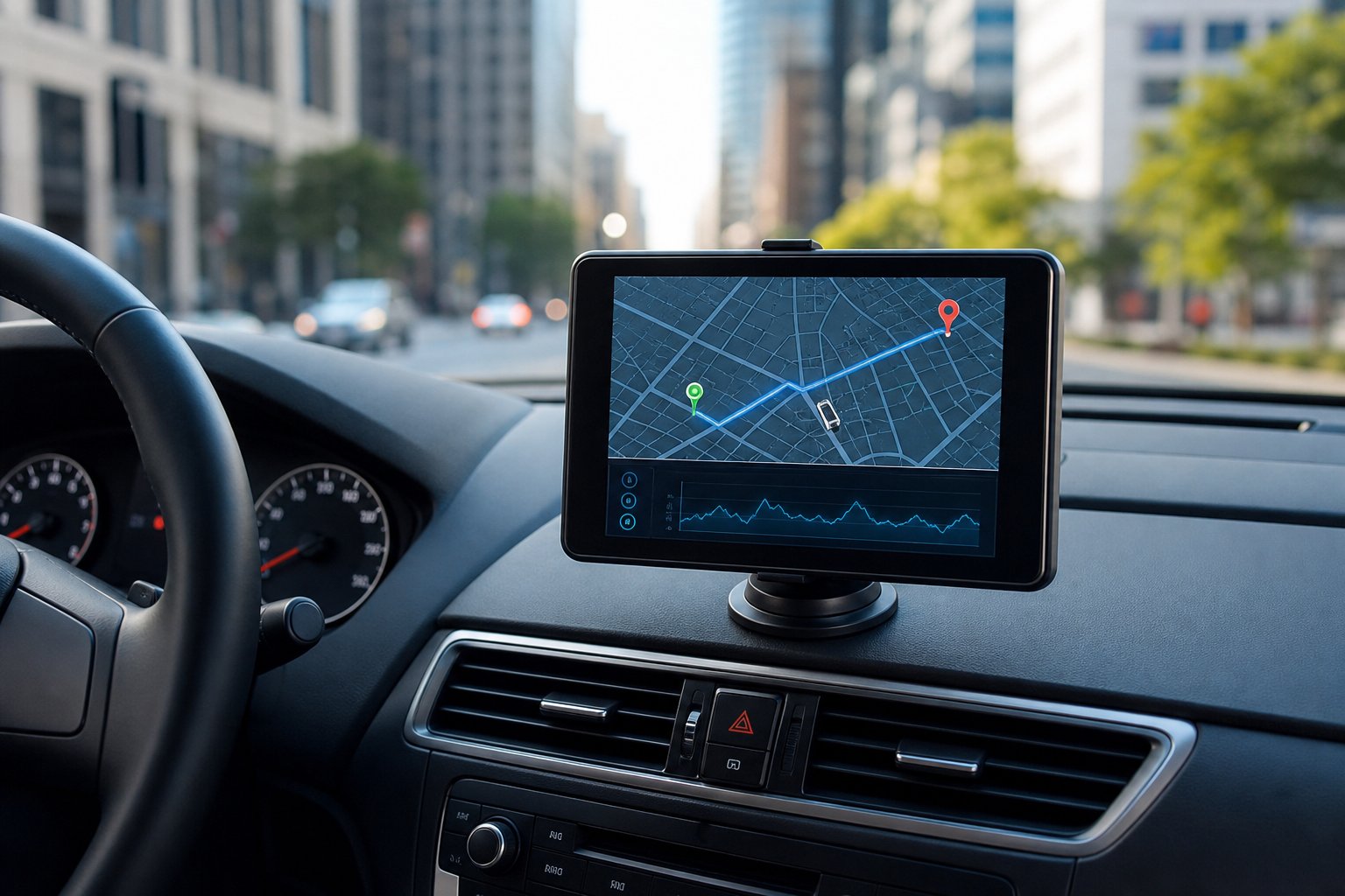 Car interior showing a GPS device displaying a digital map with real-time location data on the screen.