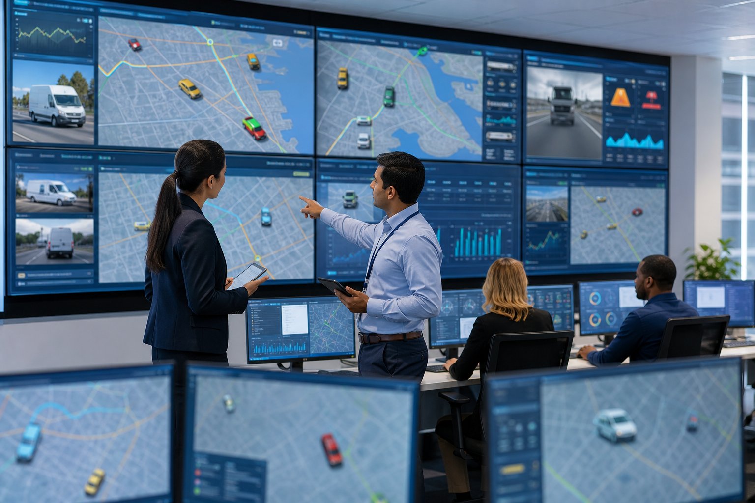 A team of professionals in an office monitoring multiple screens showing real-time vehicle tracking maps and data.