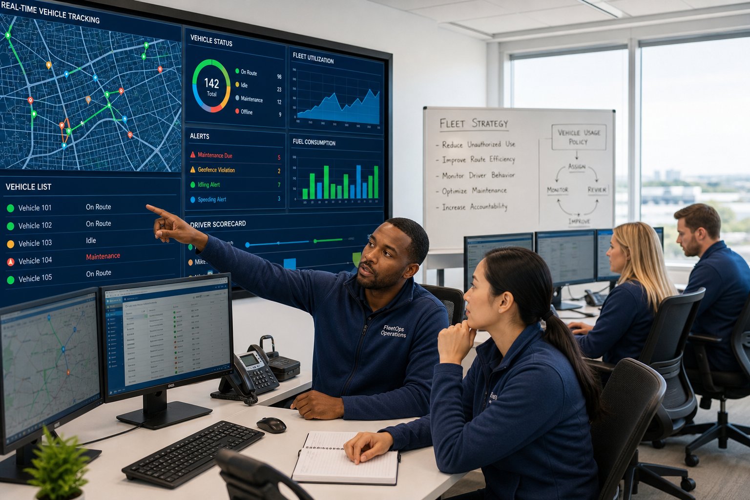 A team of fleet managers monitoring vehicle tracking data on large screens in a bright control room.