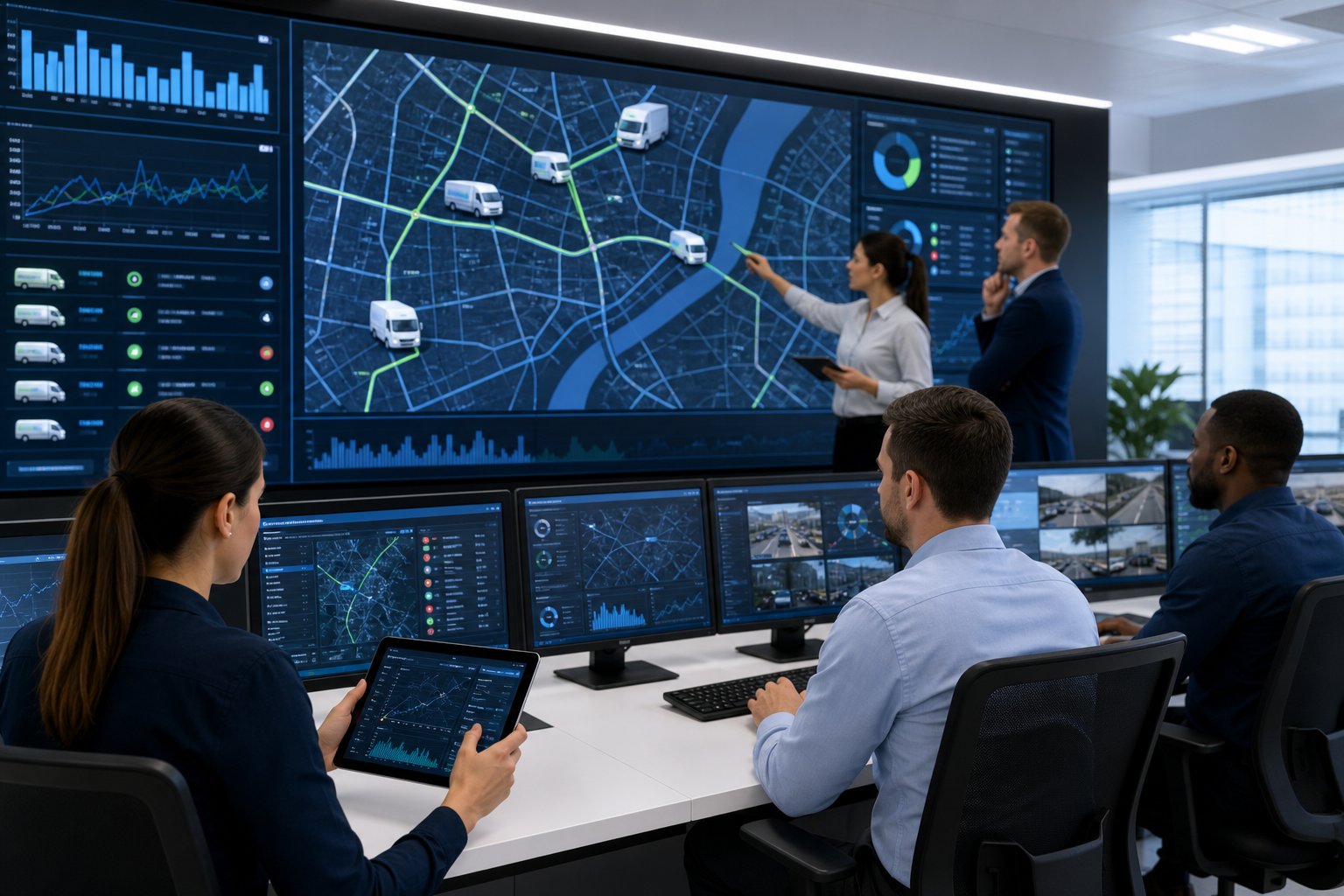 A team of professionals monitoring vehicle locations and data on large digital screens in a modern control room.
