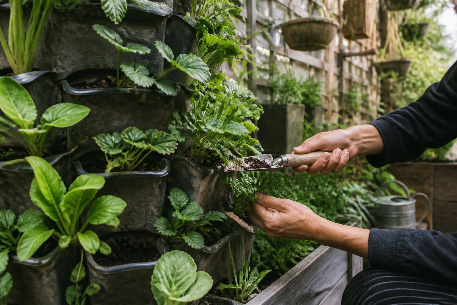 A casual photo of a vertical garden with various plants growing in stacked planters and hanging pots, showing hands tending to the plants with gardening tools.