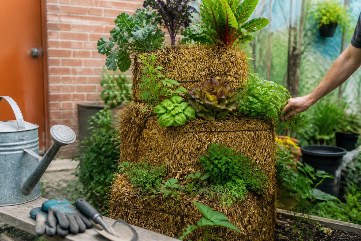 A stackable straw bale vegetable planter tower with multiple levels of growing vegetables and herbs, surrounded by gardening tools and a hand tending to the plants in a small garden.