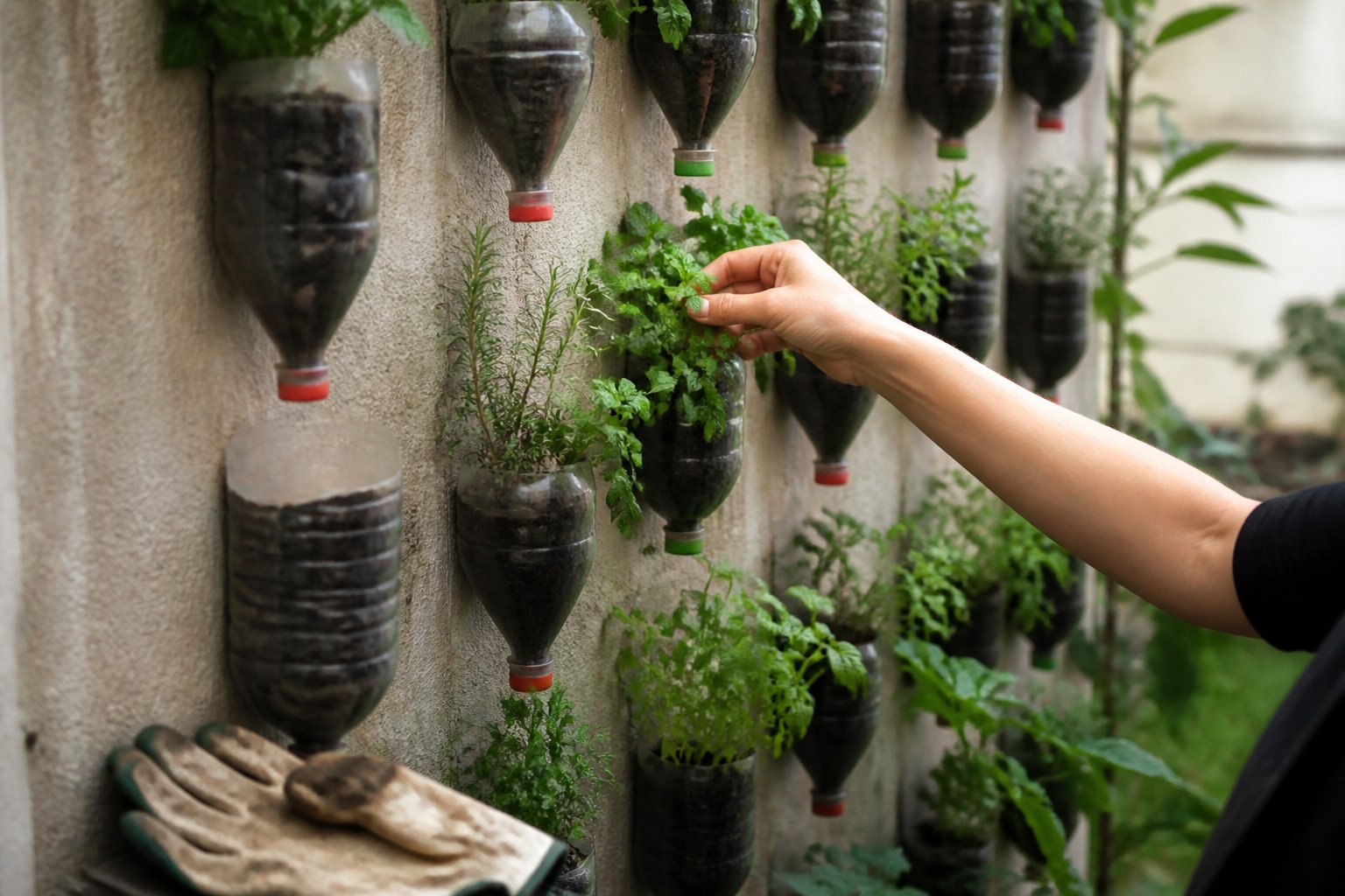 A vertical garden made from hanging upcycled PVC bottles growing fresh herbs, with a hand tending to the plants and gardening gloves nearby.
