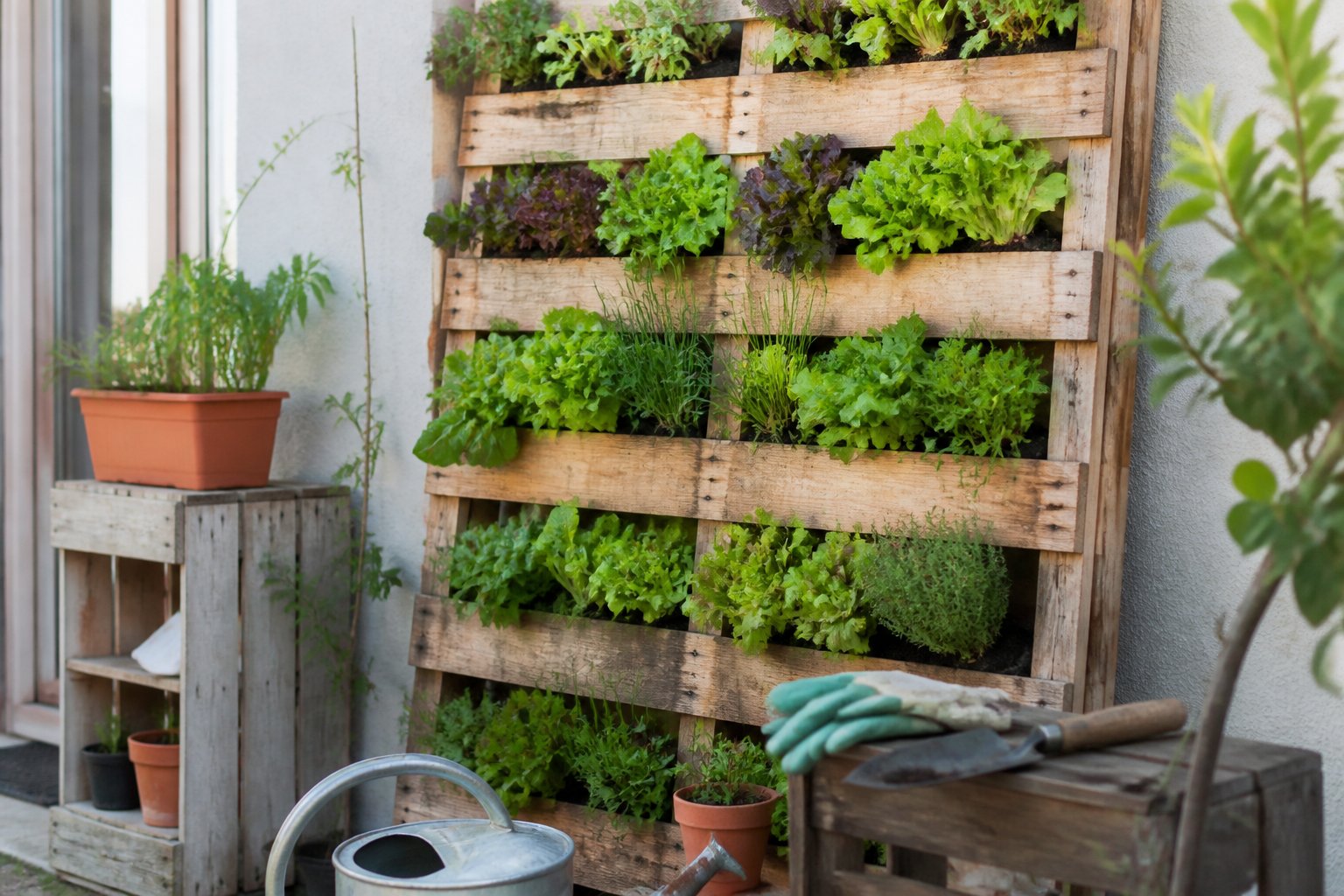 A modular pallet vertical salad rack filled with fresh greens and herbs in a garden corner, with gardening gloves, a hand trowel, and a watering can nearby.