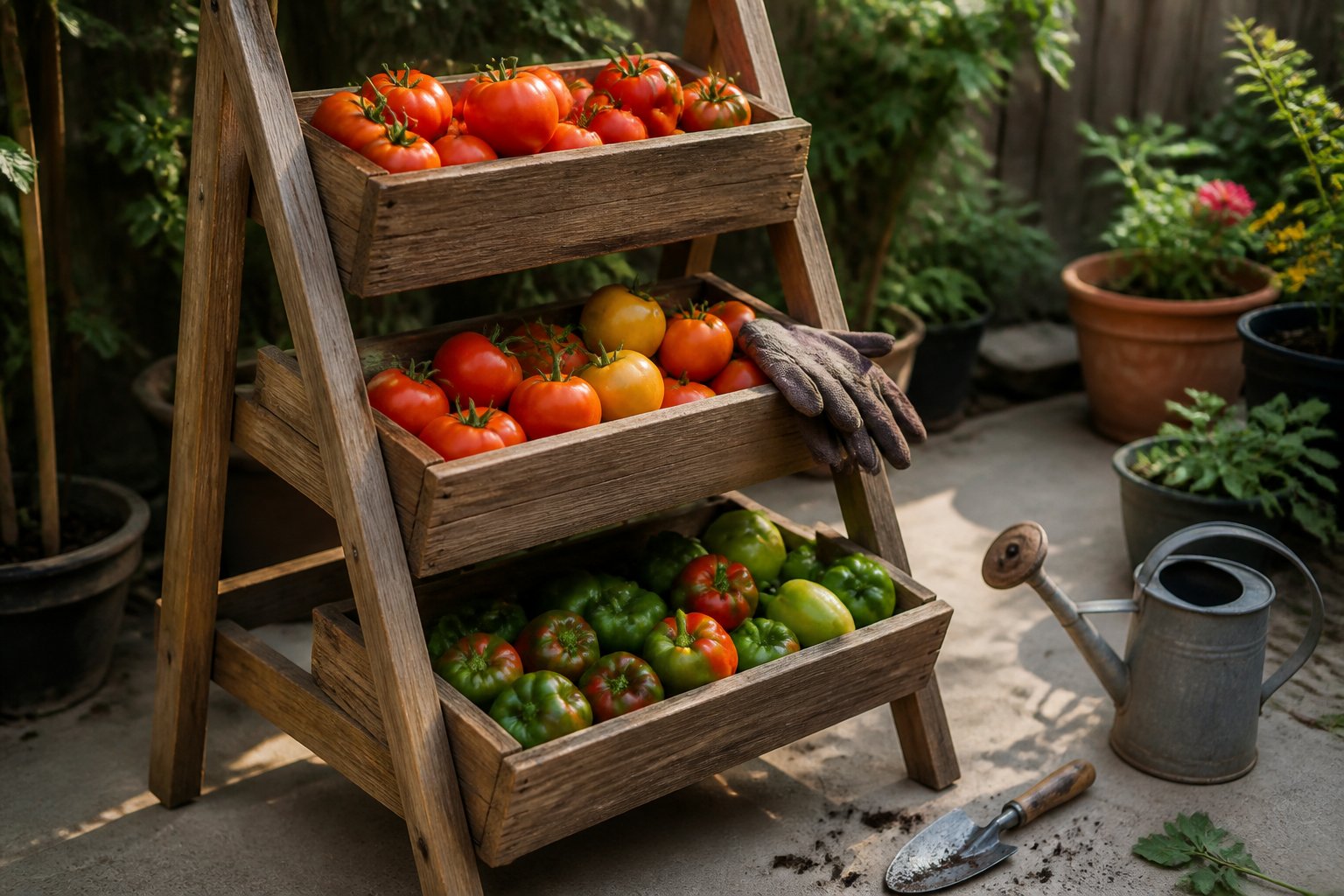 A wooden tiered garden stand holding ripe tomatoes and green peppers outdoors with gardening gloves and tools nearby.