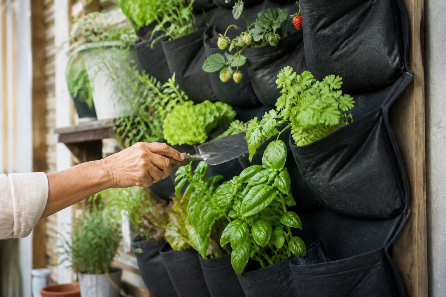 A hand tending to plants in fabric grow bags arranged vertically on a garden wall with natural daylight and gardening tools nearby.