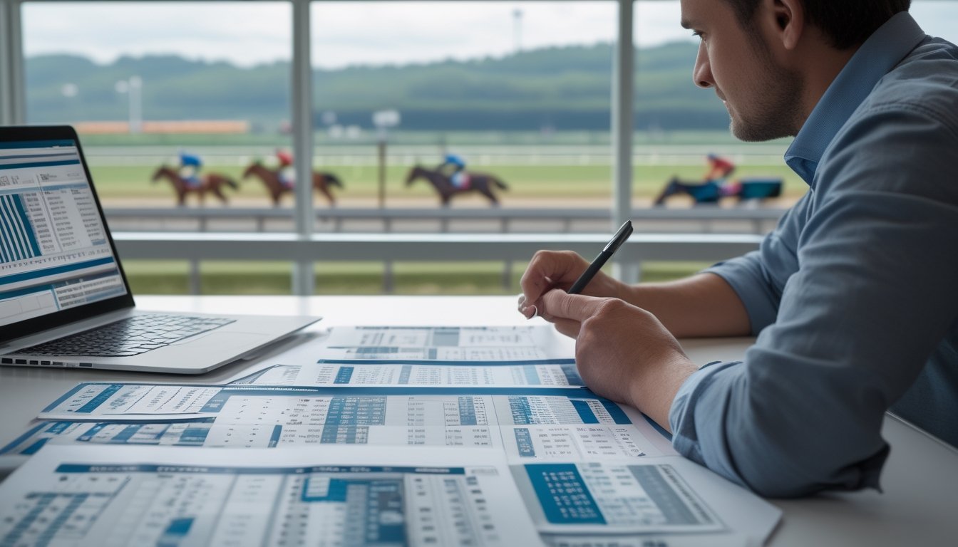 Seseorang sedang memeriksa formulir balap kuda dengan data dan statistik di meja, di latar belakang terlihat lintasan balap kuda dan kuda dengan joki bersiap untuk lomba.