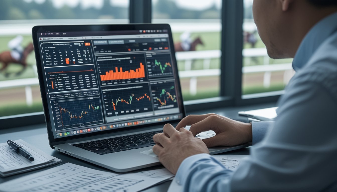 Seorang pria sedang menganalisis data peluang kemenangan balap kuda dengan laptop dan dokumen di meja, latar belakang menunjukkan lintasan balap kuda.