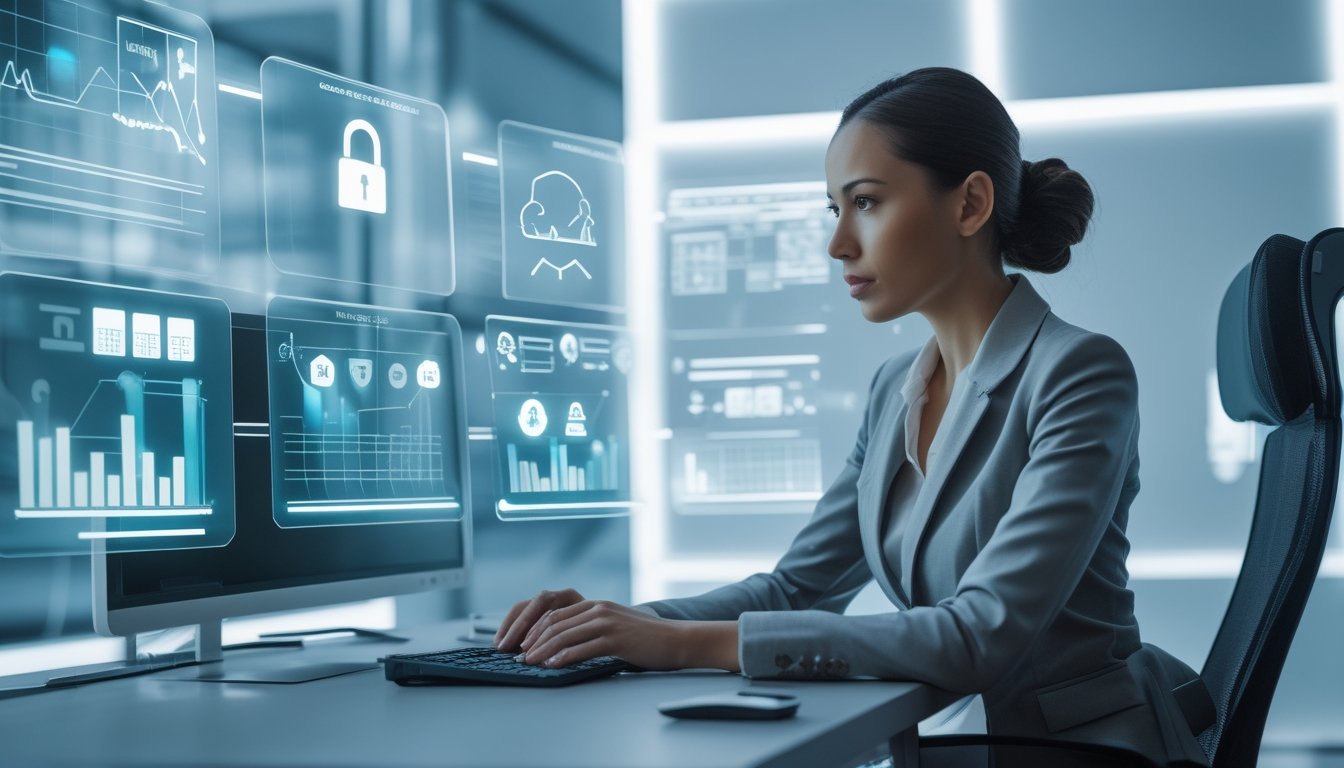 Seorang wanita profesional duduk di meja kantor modern sambil menganalisis data keamanan digital pada layar holografik.