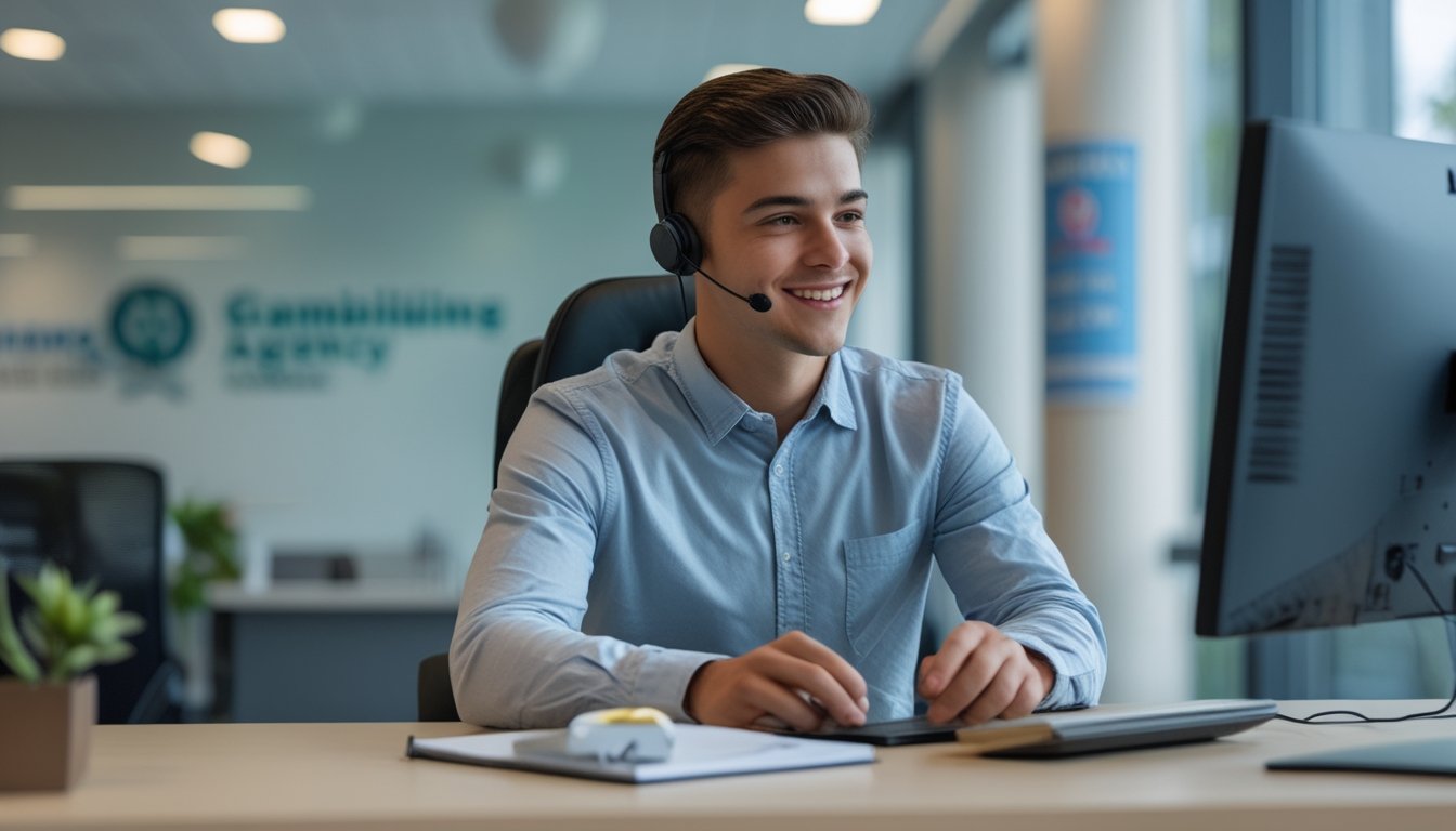 Seorang agen customer service profesional sedang berbicara dengan klien melalui panggilan video di kantor modern yang terang dan rapi.