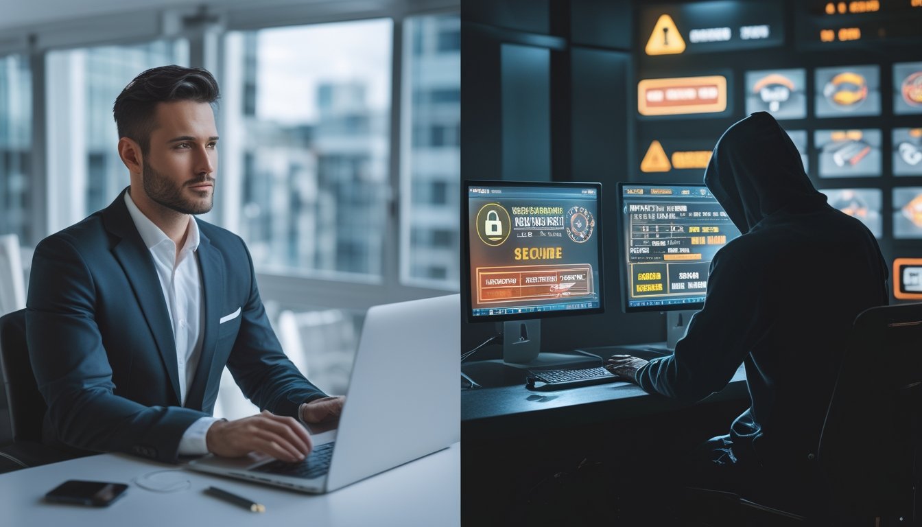 Dua orang yang menggambarkan agen judi resmi dan agen judi tidak resmi, satu di ruang kantor terang dan rapi, satu di ruangan gelap dan berantakan.