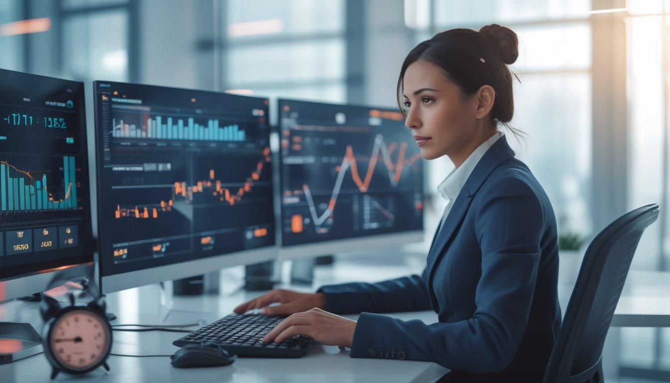 Seorang agen profesional sedang bekerja dengan beberapa layar komputer yang menampilkan data transaksi secara real-time di sebuah kantor modern.
