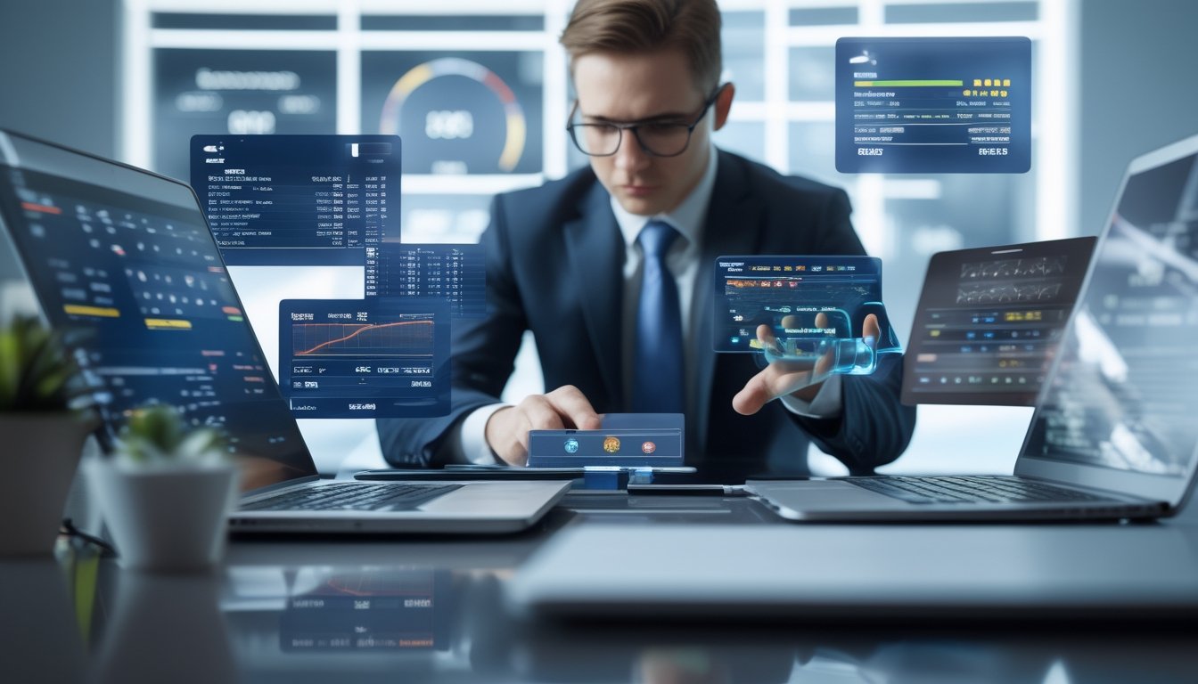 Seorang profesional sedang menggunakan beberapa perangkat digital di kantor modern dengan grafik dan data keuangan yang bergerak cepat di layar.