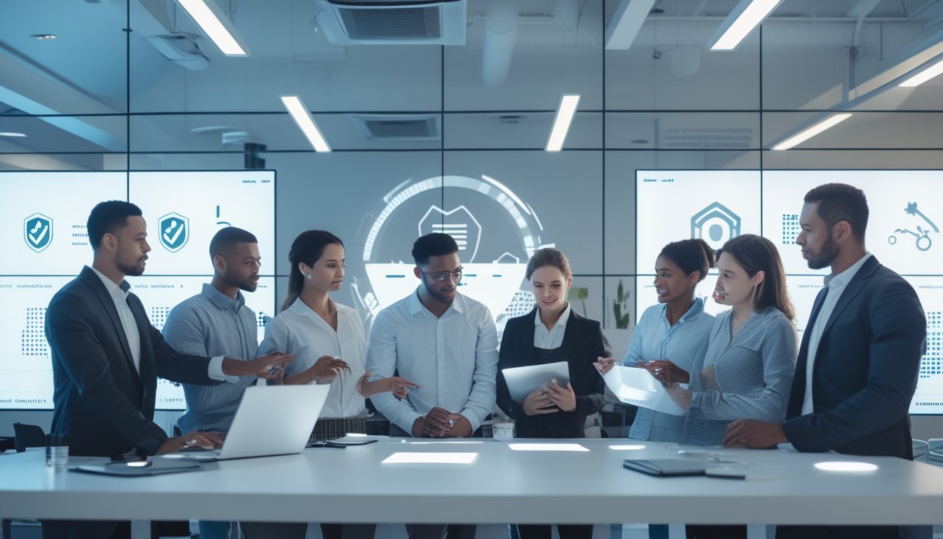 Sekelompok orang sedang berdiskusi serius di ruang kantor modern dengan perangkat digital, menampilkan suasana kerja sama dan kewaspadaan terhadap keamanan online.