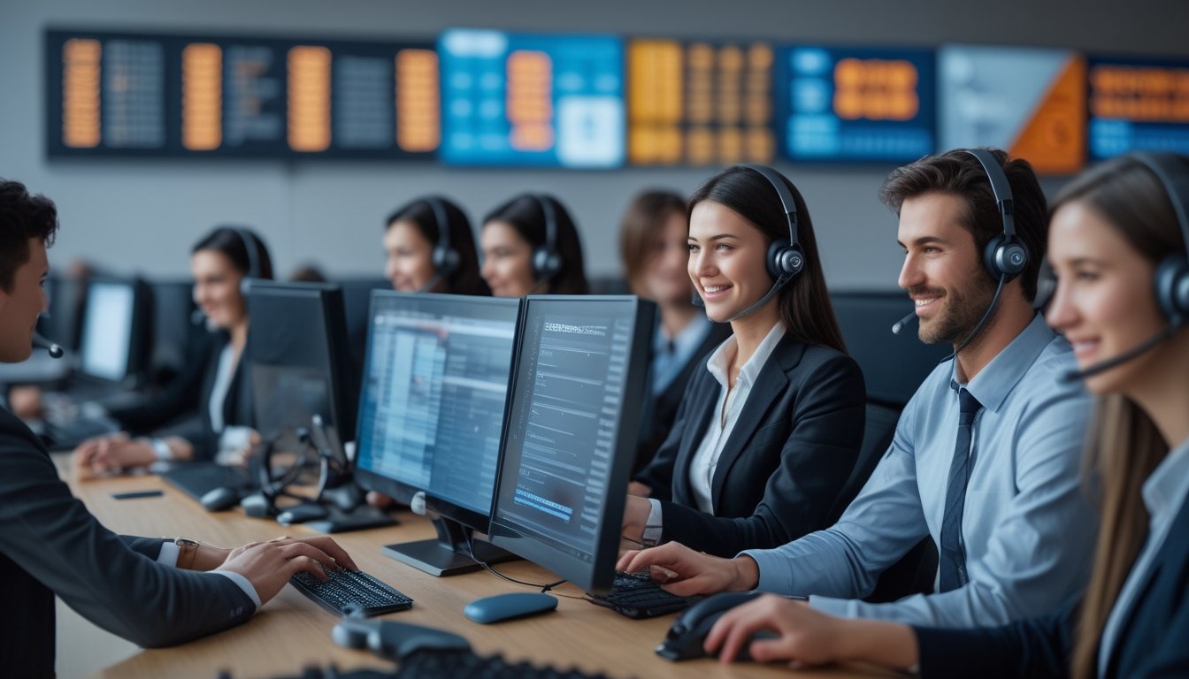 Seorang tim layanan pelanggan sedang bekerja dengan headset di ruang kantor modern, menunjukkan dukungan pelanggan sepanjang waktu.