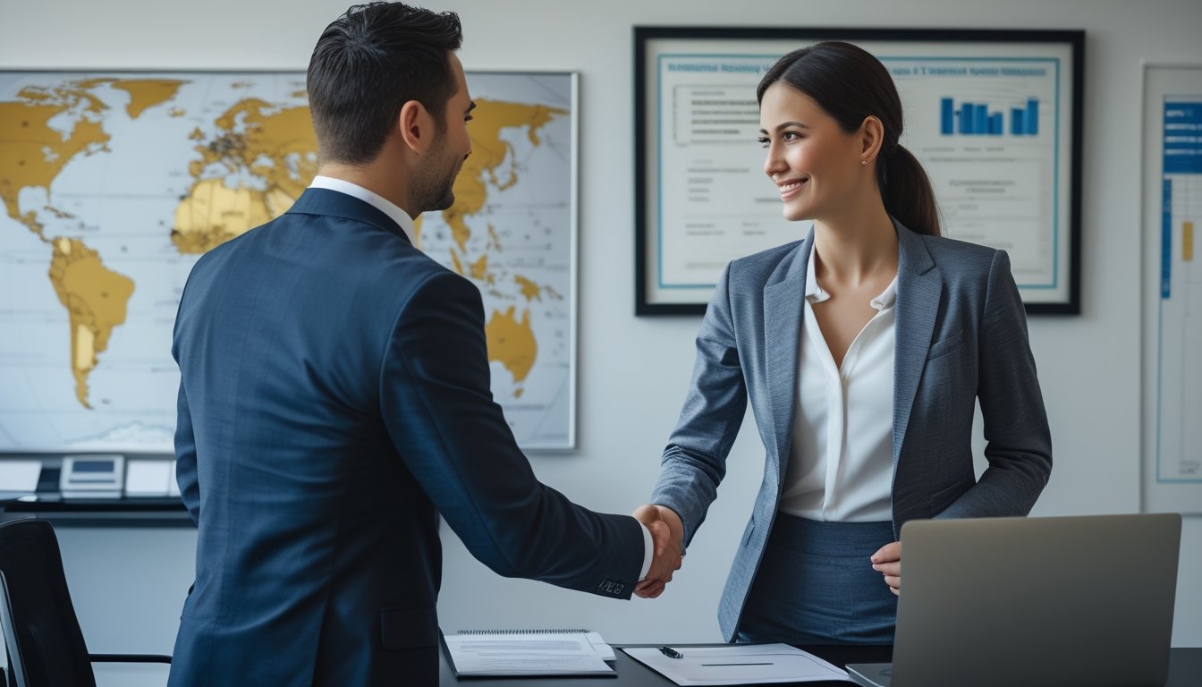 Dua orang berpakaian formal berjabat tangan di kantor modern dengan sertifikat lisensi internasional di dinding.