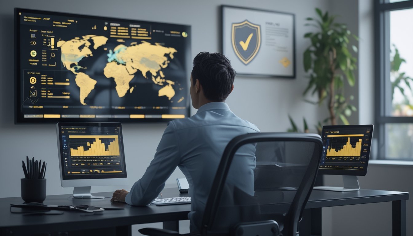 Seorang profesional duduk di meja kantor modern dengan perangkat digital yang menampilkan grafik terkait judi, layar besar dengan simbol globe dan ikon keamanan di latar belakang.