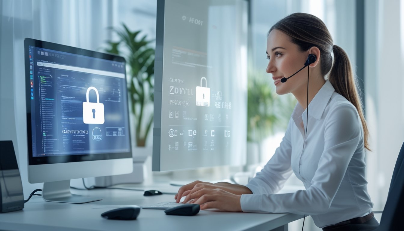 Seorang agen layanan pelanggan profesional sedang bekerja di kantor modern dengan komputer yang menampilkan ikon gembok terkunci, menggambarkan keamanan dan kerahasiaan data pribadi.