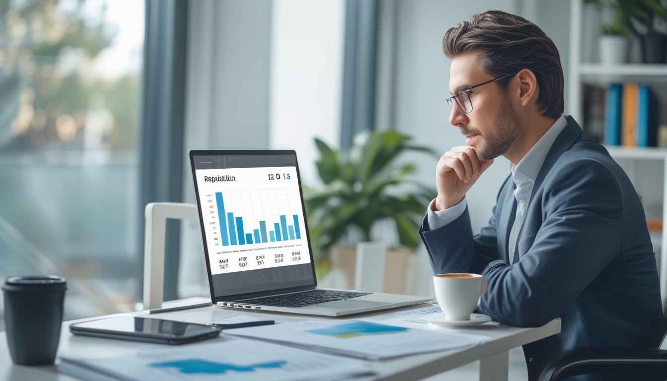 Seorang profesional duduk di meja kantor modern sambil melihat layar laptop dengan grafik dan dokumen di sekitarnya.