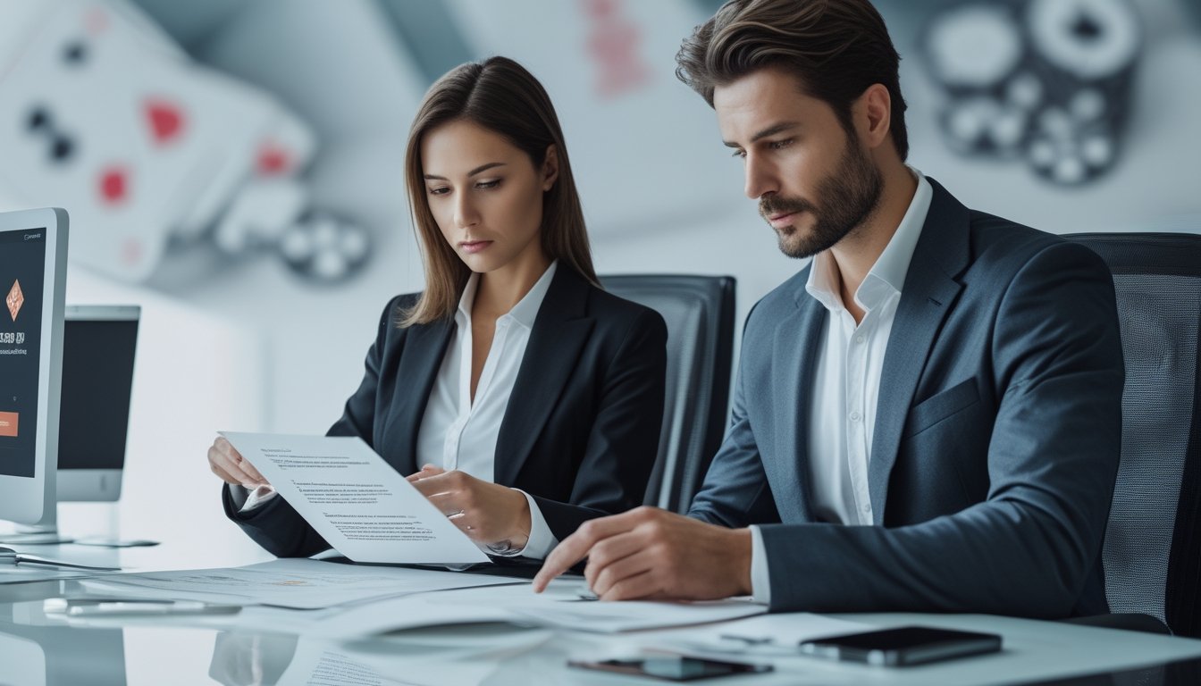 Dua orang profesional sedang memeriksa dokumen dan perangkat digital di kantor modern untuk membedakan agen judi asli dan palsu.