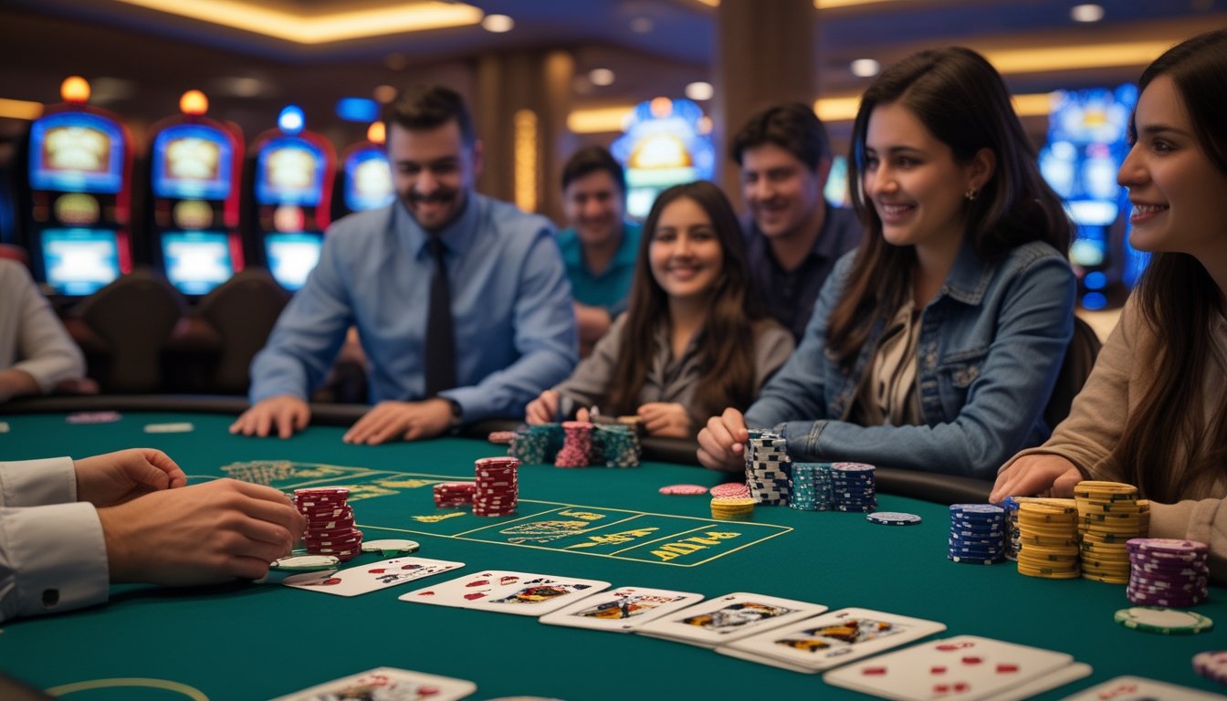 Meja kasino dengan kartu dan chip, pemain sedang memperhatikan permainan Casino War.