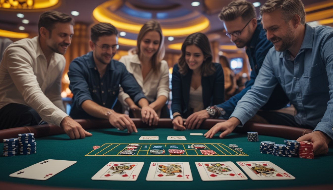 Meja kasino dengan kartu dan chip, sekelompok orang sedang belajar bermain permainan Casino War.