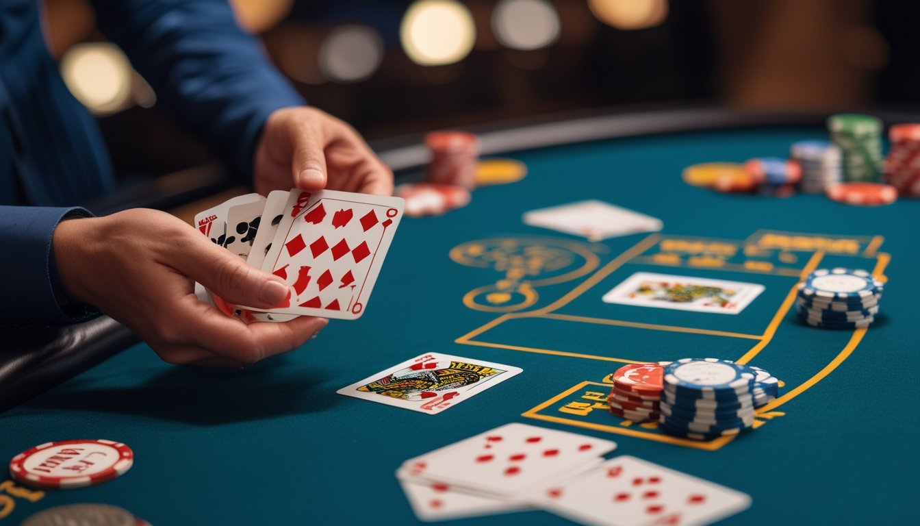 Tangan memegang kartu permainan Casino War di atas meja kasino dengan chip dan kartu lain terlihat.