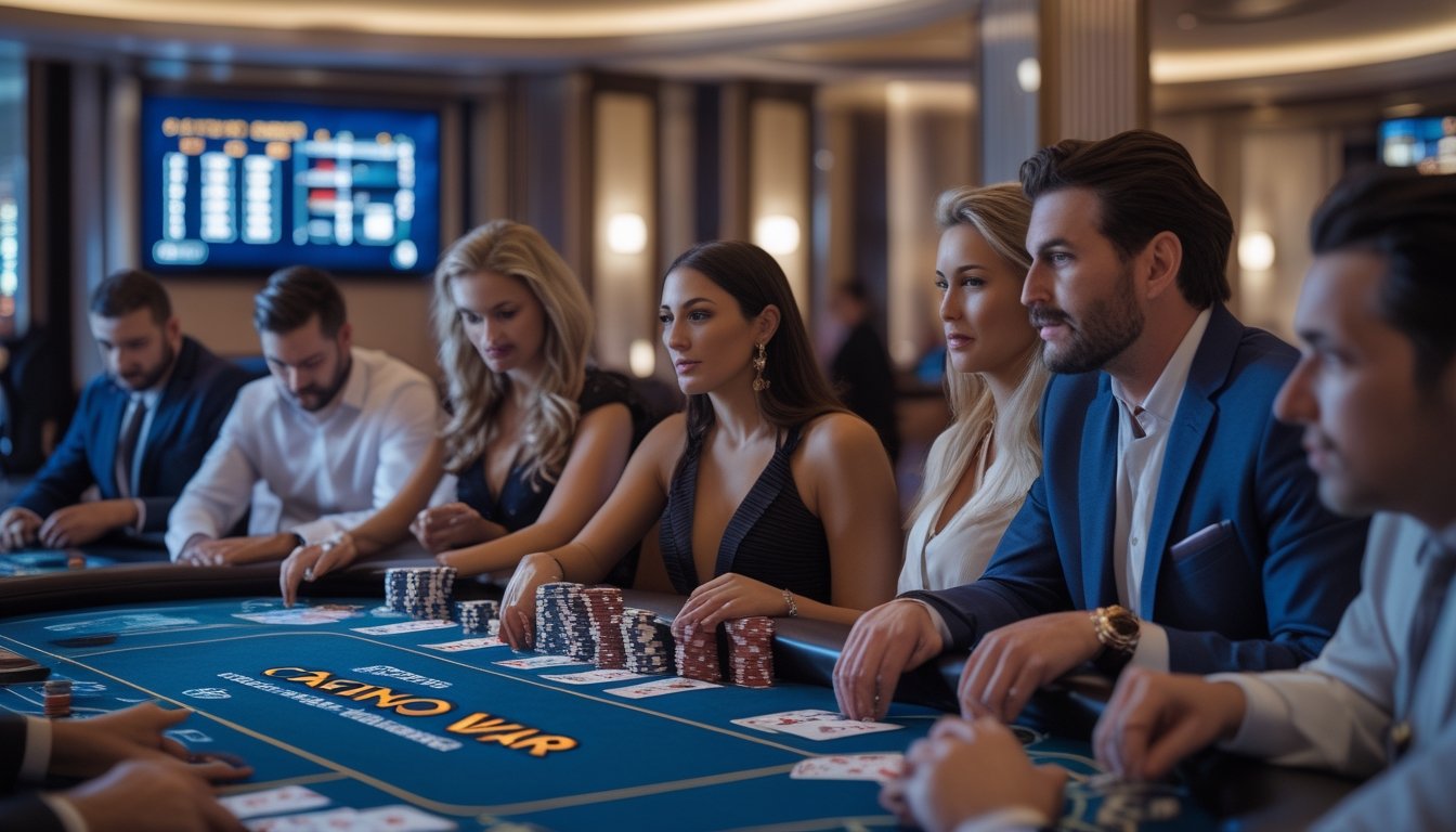 Meja kasino dengan kartu dan chip, beberapa pemain sedang fokus bermain Casino War di sebuah kasino.