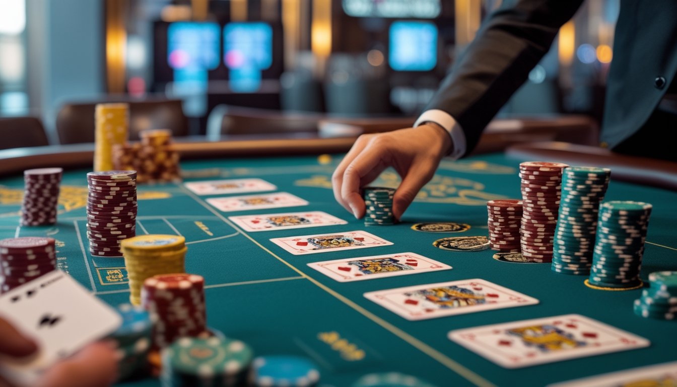 Meja kasino dengan kartu dan chip taruhan, menampilkan suasana permainan Casino War yang sedang berlangsung.