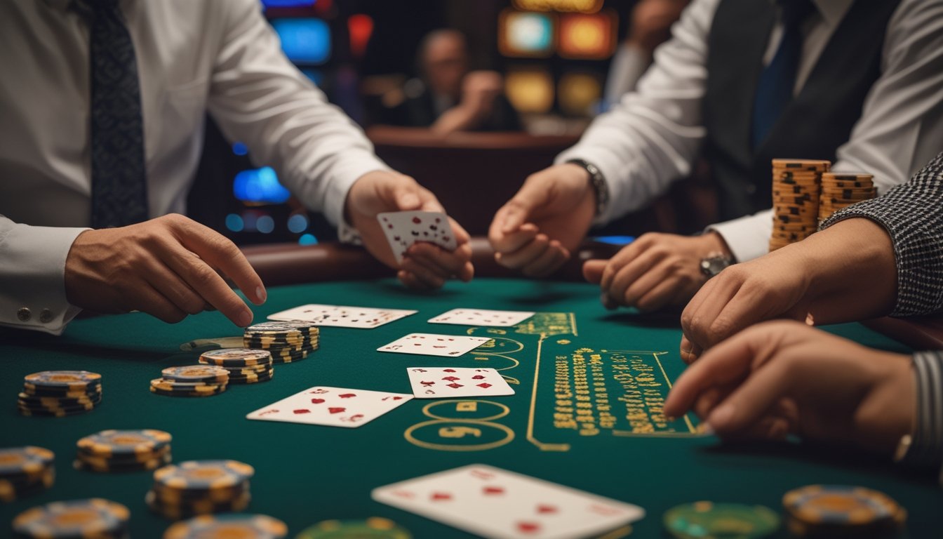 Orang-orang bermain permainan kartu Casino War di meja kasino dengan dealer yang membagikan kartu.